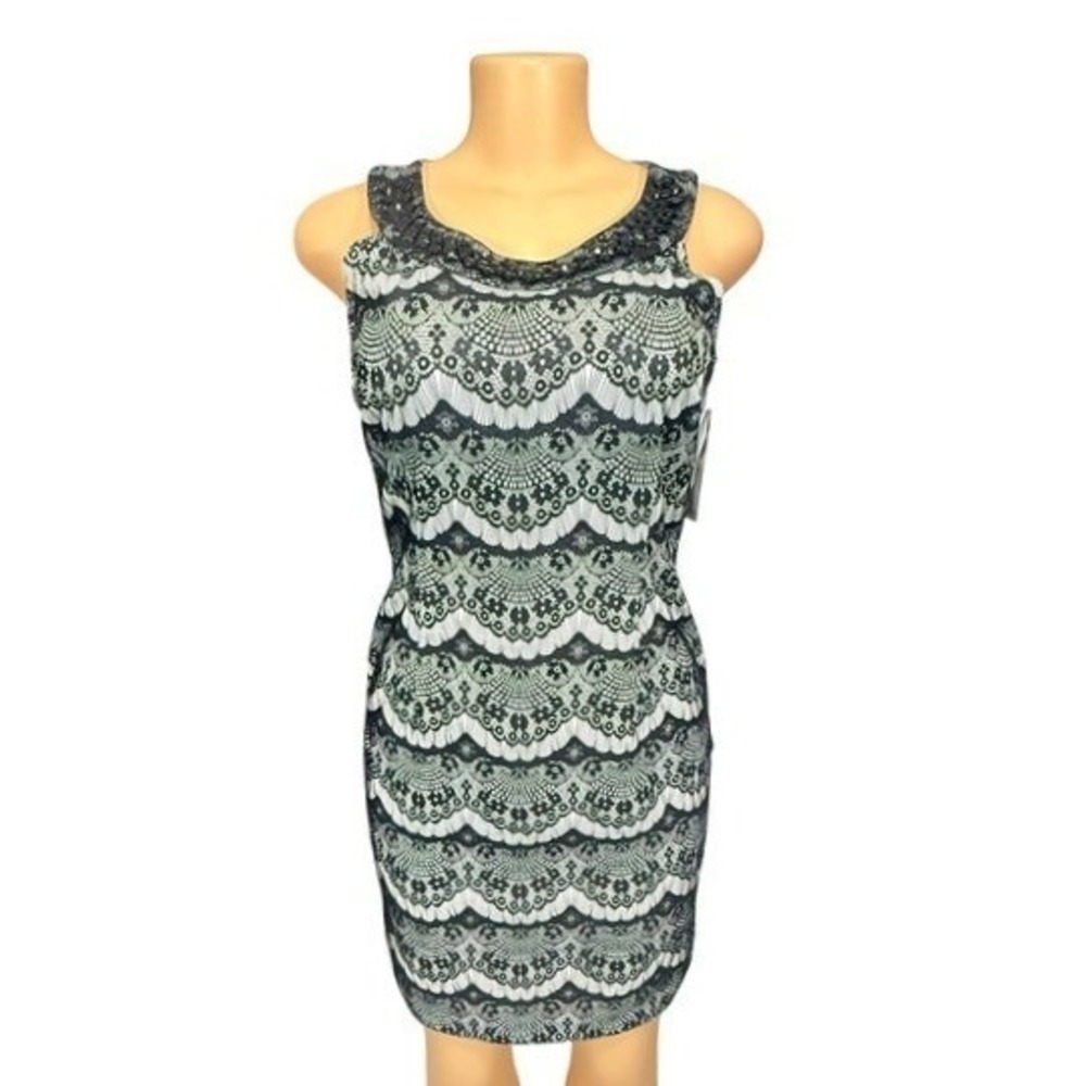 SD Collection Black Lace Overlay‎ Sheath Dress Beaded Neckline Women's Size 6